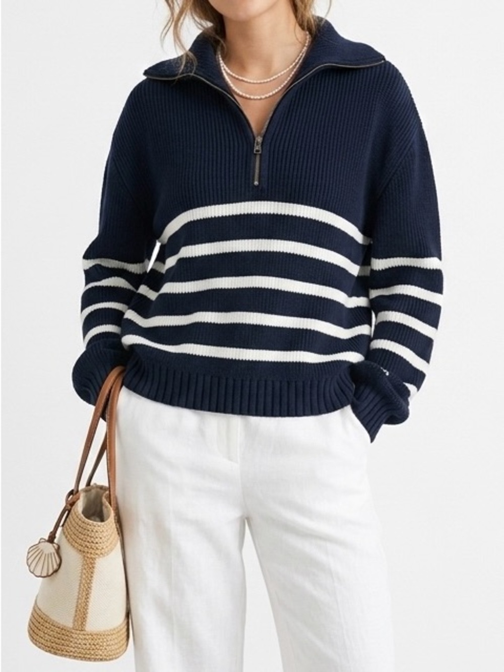 Hollister Navy and White Striped Half-Zip Pullover